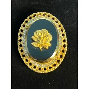 Vintage Black and Gold Toned Rose Brooch Pendant Whimsigoth Dark Romance